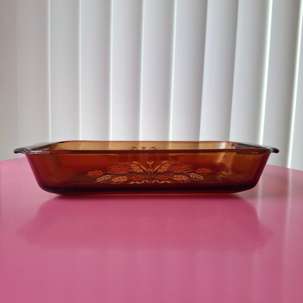 Vintage Anchor Hocking 6"x10" Rectangle Baking Dish Amber Wheat Pattern  Glass